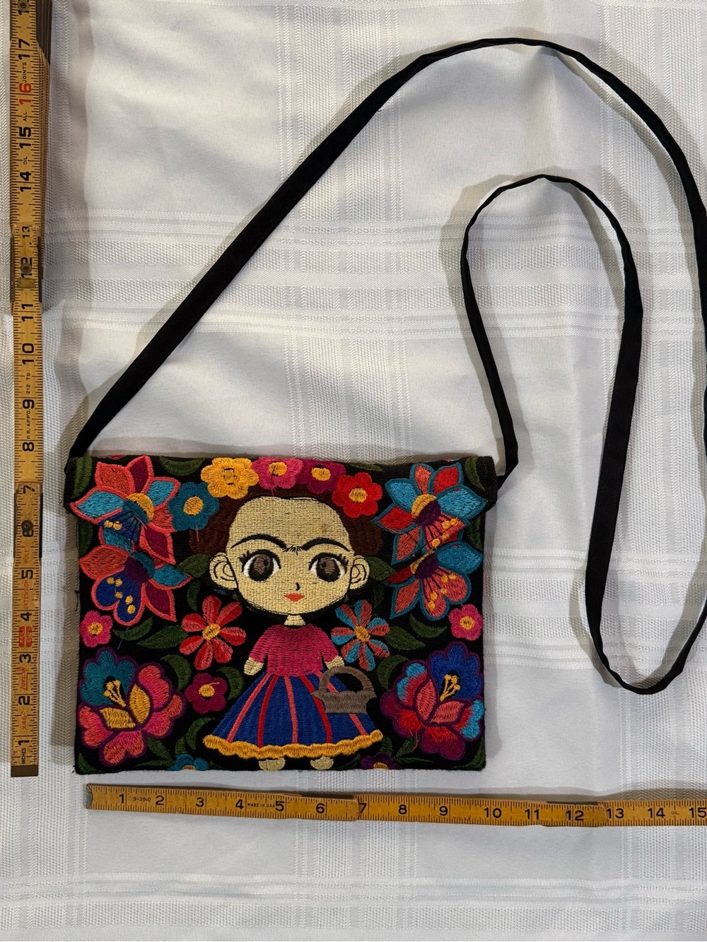 Frida Kahlo Style Floral Embroidered Shoulder Bag 8” X 10”